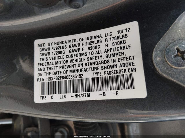 2012 Honda Civic Ex მანქანა იყიდება აუქციონზე, vin: 19XFB2F84CE385152, აუქციონის ნომერი: 45990075