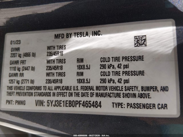Продажа на аукционе авто 2023 Tesla Model 3 Long Range Dual Motor All-wheel Drive, vin: 5YJ3E1EB0PF465484, номер лота: 45990086