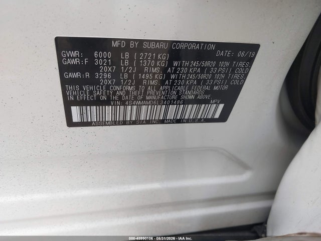 Aukcja sprzedaży 2020 Subaru Ascent Limited, vin: 4S4WMAMD6L3401486, numer aukcji: 45990106
