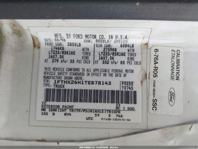 Aukcja sprzedaży 1996 Ford F250, vin: 1FTHX26H1TEB78143, numer aukcji: 45990114