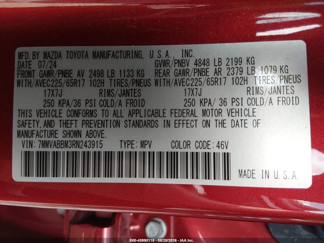 45990118 :رقم المزاد ، 7MMVABBM3RN243915 vin ، 2024 Mazda Cx-50 2.5 S Preferred مزاد بيع