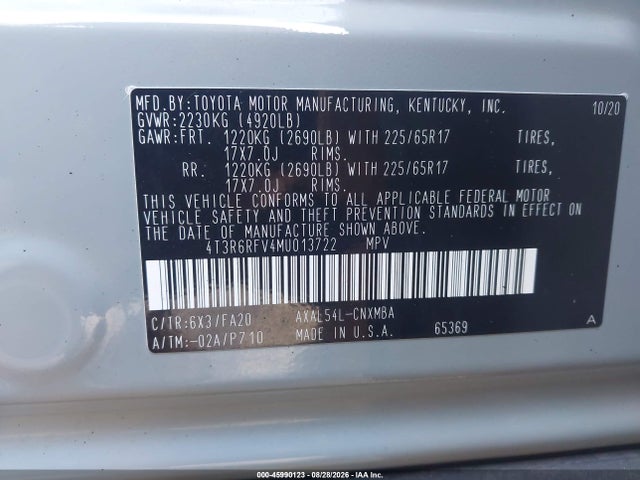 4T3R6RFV4MU013722 Toyota Rav4 Hybrid Xle