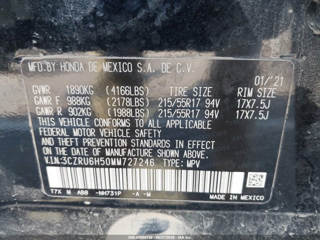 2021 Honda Hr-v Ex მანქანა იყიდება აუქციონზე, vin: 3CZRU6H50MM727246, აუქციონის ნომერი: 45990138