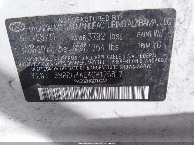 Продаж на аукціоні авто 2012 Hyundai Elantra Gls, vin: 5NPDH4AE4CH126817, номер лоту: 45990148