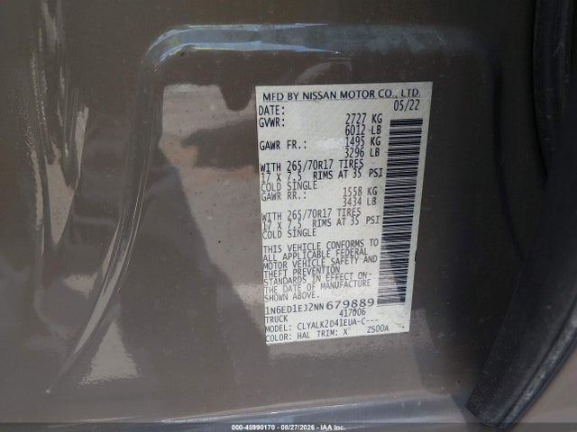 Aukcja sprzedaży 2022 Nissan Frontier Pro-x 4x2, vin: 1N6ED1EJ2NN679889, numer aukcji: 45990170
