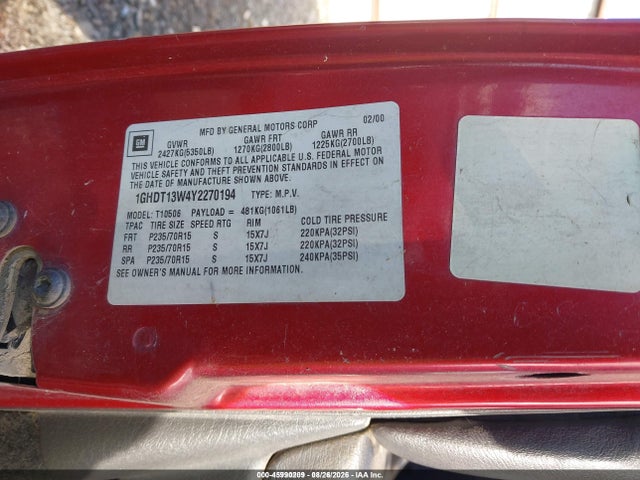 Aukcja sprzedaży 2000 Oldsmobile Bravada, vin: 1GHDT13W4Y2270194, numer aukcji: 45990209