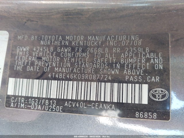 2009 Toyota Camry Le მანქანა იყიდება აუქციონზე, vin: 4T4BE46K09R087724, აუქციონის ნომერი: 45990220