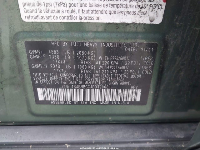45990235 :رقم المزاد ، 4S4BRBGC1B3390081 vin ، 2011 Subaru Outback 2.5i Premium مزاد بيع