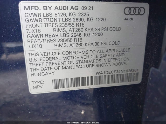Продаж на аукціоні авто 2022 Audi Q3 Premium 45 Tfsi S Line Quattro Tiptronic, vin: WA1DECF34N1026361, номер лоту: 45990247