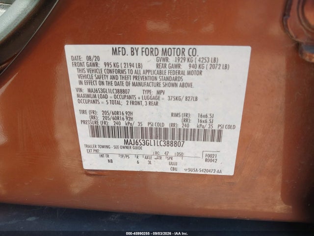 Продажа на аукционе авто 2020 Ford Ecosport Se, vin: MAJ6S3GL1LC388807, номер лота: 45990255