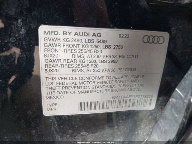 2023 Audi Q5 Premium Plus 45 Tfsi S Line Quattro მანქანა იყიდება აუქციონზე, vin: WA1EAAFY1P2113826, აუქციონის ნომერი: 45990267