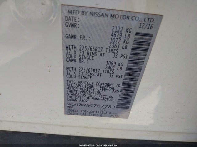 Продаж на аукціоні авто 2017 Nissan Rogue Sv, vin: 5N1AT2MV7HC767783, номер лоту: 45990291