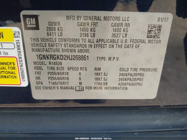45990292 :رقم المزاد ، 1GNKRGKD2HJ268861 vin ، 2017 Chevrolet Traverse 1lt مزاد بيع