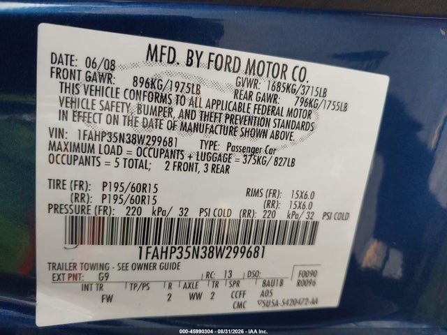 Aukcja sprzedaży 2008 Ford Focus Se/ses, vin: 1FAHP35N38W299681, numer aukcji: 45990304