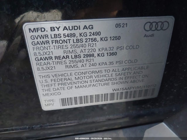 2021 Audi Q5 Sportback Premium Plus 45 Tfsi Quattro S Tronic მანქანა იყიდება აუქციონზე, vin: WA15AAFY1M2110713, აუქციონის ნომერი: 45990305