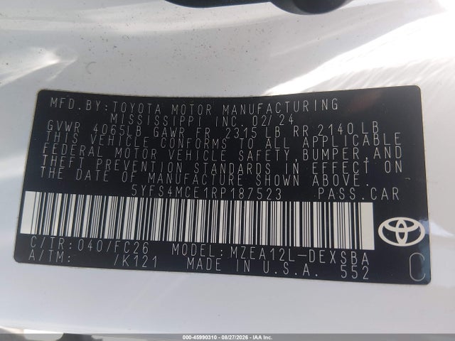 Продажа на аукционе авто 2024 Toyota Corolla Se, vin: 5YFS4MCE1RP187523, номер лота: 45990310