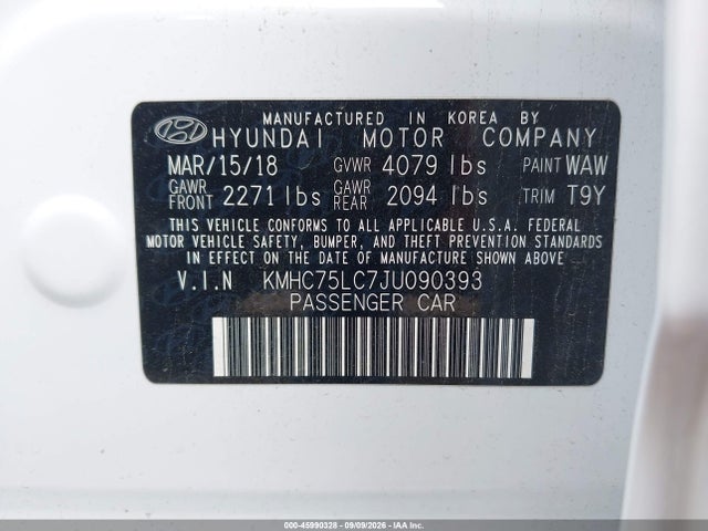 2018 Hyundai Ioniq Hybrid Sel მანქანა იყიდება აუქციონზე, vin: KMHC75LC7JU090393, აუქციონის ნომერი: 45990328