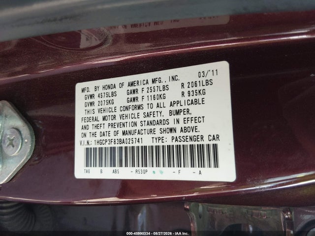 2011 Honda Accord 3.5 Ex-l მანქანა იყიდება აუქციონზე, vin: 1HGCP3F83BA025741, აუქციონის ნომერი: 45990334