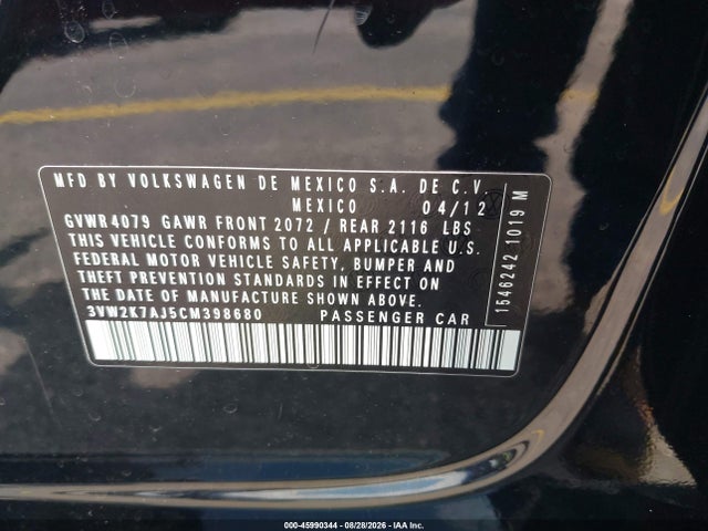 Продажа на аукционе авто 2012 Volkswagen Jetta 2.0l S, vin: 3VW2K7AJ5CM398680, номер лота: 45990344