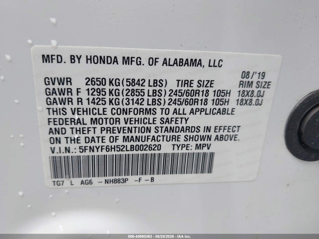 Aukcja sprzedaży 2020 Honda Pilot Awd Ex-l, vin: 5FNYF6H52LB002620, numer aukcji: 45990363