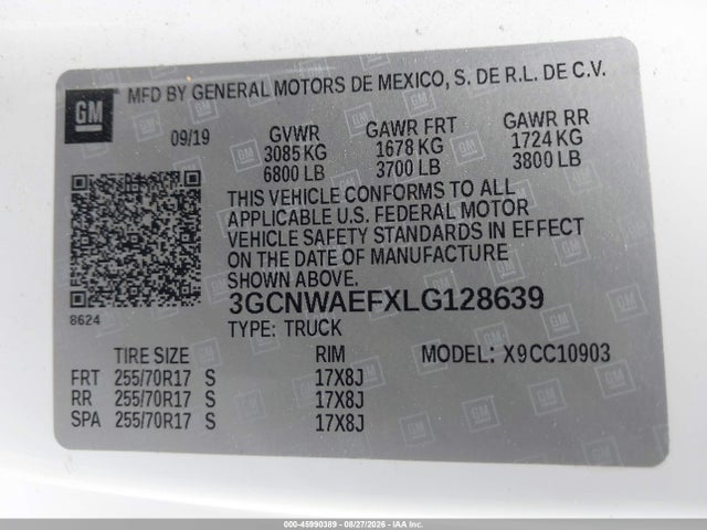 Auction sale of the 2020 Chevrolet Silverado 1500 2wd  Long Bed Wt, vin: 3GCNWAEFXLG128639, lot number: 45990389