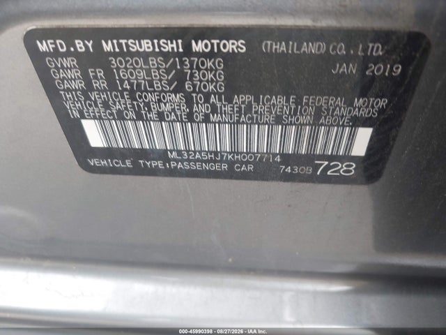 Aukcja sprzedaży 2019 Mitsubishi Mirage Le, vin: ML32A5HJ7KH007714, numer aukcji: 45990398