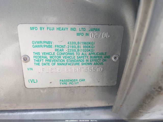 Aukcja sprzedaży 2006 Subaru Forester 2.5xt Limited, vin: JF1SG69626H755570, numer aukcji: 45990403