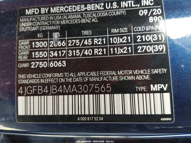 45990405 :رقم المزاد ، 4JGFB4JB4MA307565 vin ، 2021 Mercedes-benz Gle 350 مزاد بيع