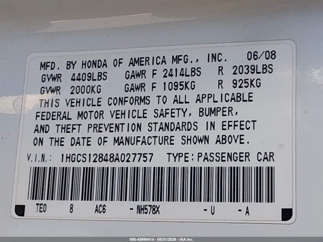 45990414 :رقم المزاد ، 1HGCS12848A027757 vin ، 2008 Honda Accord 2.4 Ex-l مزاد بيع