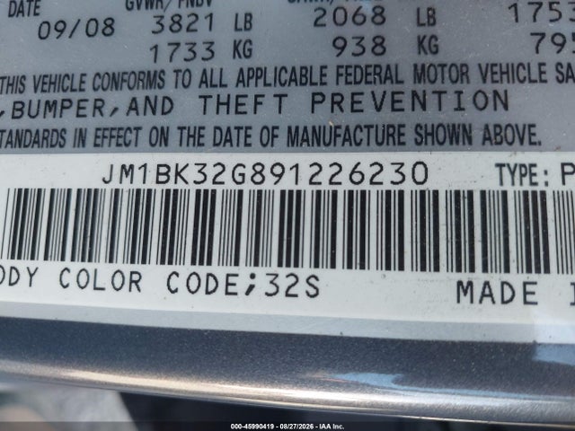 45990419 :رقم المزاد ، JM1BK32G891226230 vin ، 2009 Mazda Mazda3 I Sport مزاد بيع