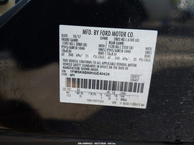 Auction sale of the 2017 Ford Explorer, vin: 1FM5K8B80HGE40428, lot number: 45990422