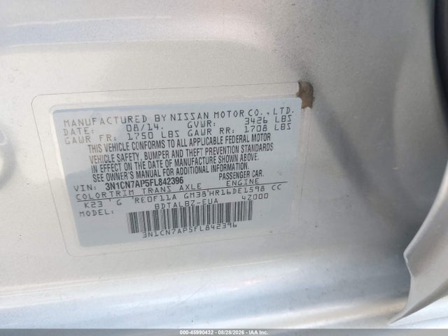 Продаж на аукціоні авто 2015 Nissan Versa 1.6 Sv, vin: 3N1CN7AP5FL842396, номер лоту: 45990432