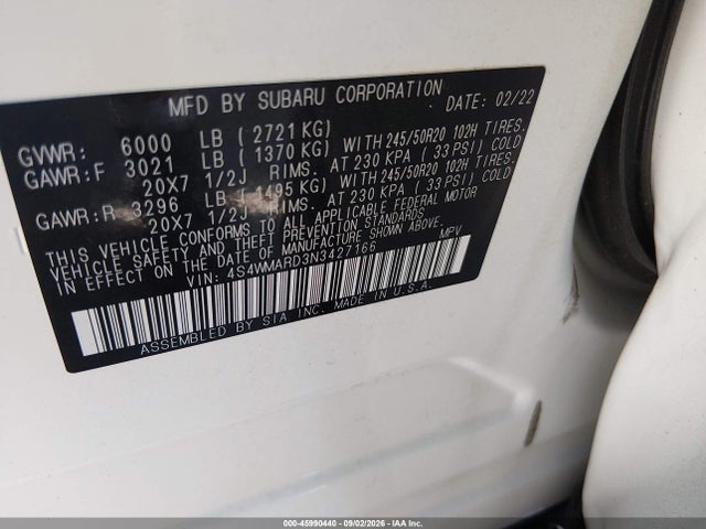 2022 Subaru Ascent Touring მანქანა იყიდება აუქციონზე, vin: 4S4WMARD3N3427166, აუქციონის ნომერი: 45990440