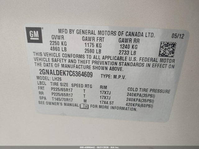 Aukcja sprzedaży 2012 Chevrolet Equinox 1lt, vin: 2GNALDEK7C6364609, numer aukcji: 45990442