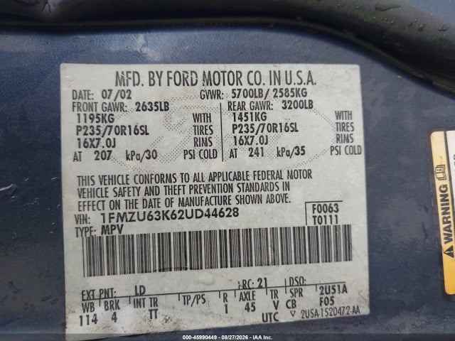 45990449 :رقم المزاد ، 1FMZU63K62UD44628 vin ، 2002 Ford Explorer Xlt مزاد بيع