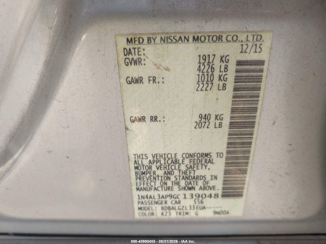 Продаж на аукціоні авто 2016 Nissan Altima 2.5 S, vin: 1N4AL3AP9GC139048, номер лоту: 45990455