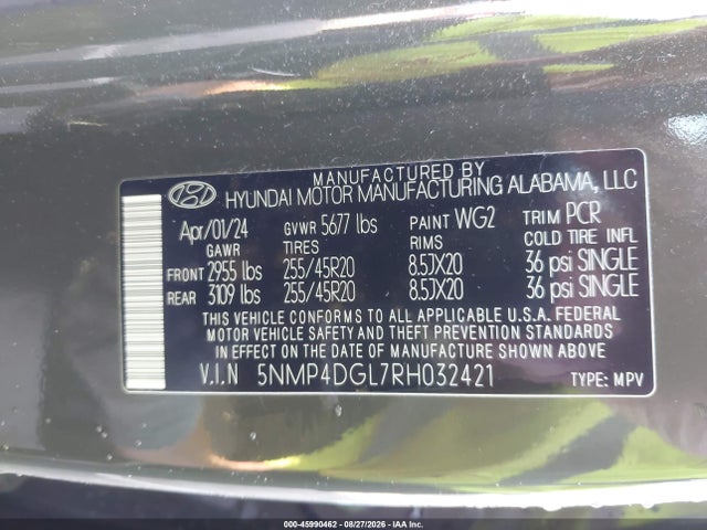 2024 Hyundai Santa Fe Limited მანქანა იყიდება აუქციონზე, vin: 5NMP4DGL7RH032421, აუქციონის ნომერი: 45990462