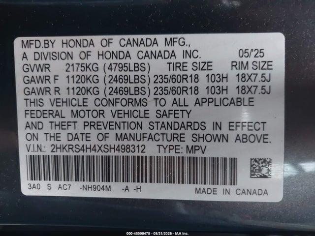 Aukcja sprzedaży 2025 Honda Cr-v Ex Awd, vin: 2HKRS4H4XSH498312, numer aukcji: 45990475