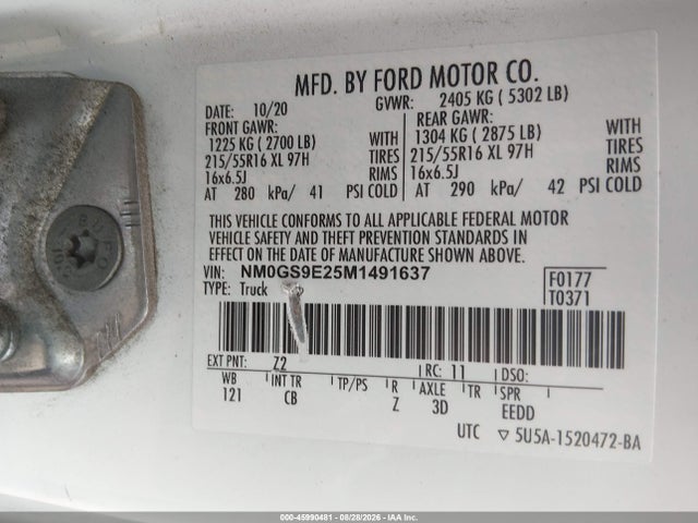 2021 Ford Transit Connect Xl Passenger მანქანა იყიდება აუქციონზე, vin: NM0GS9E25M1491637, აუქციონის ნომერი: 45990481