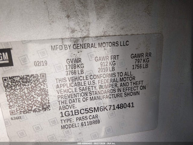 45990483 :رقم المزاد ، 1G1BC5SM6K7148041 vin ، 2019 Chevrolet Cruze Ls مزاد بيع