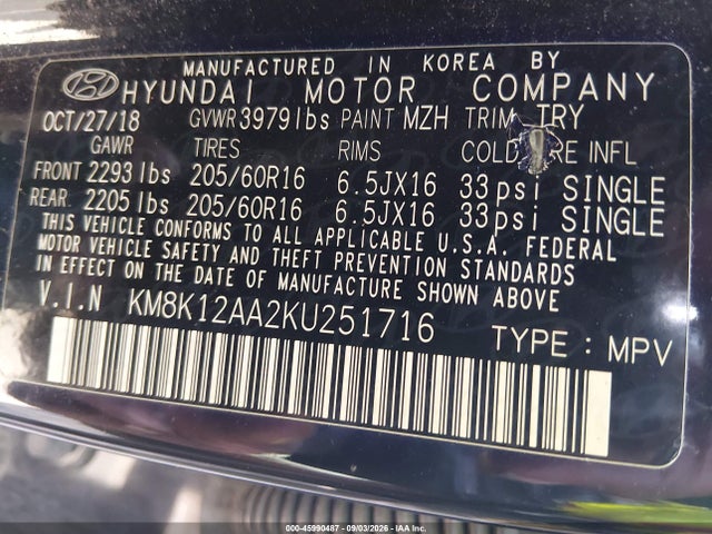 Продажа на аукционе авто 2019 Hyundai Kona Se, vin: KM8K12AA2KU251716, номер лота: 45990487
