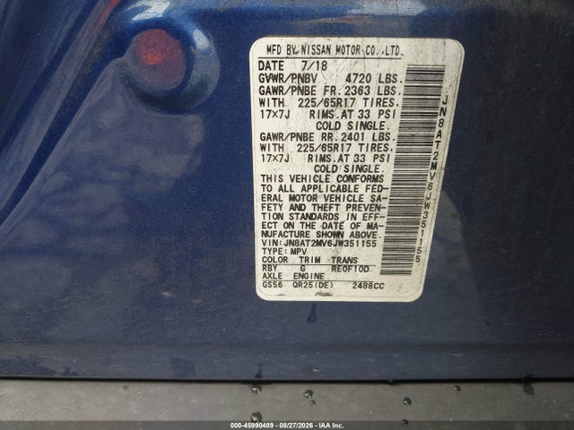 Aukcja sprzedaży 2018 Nissan Rogue Sv, vin: JN8AT2MV6JW351155, numer aukcji: 45990489