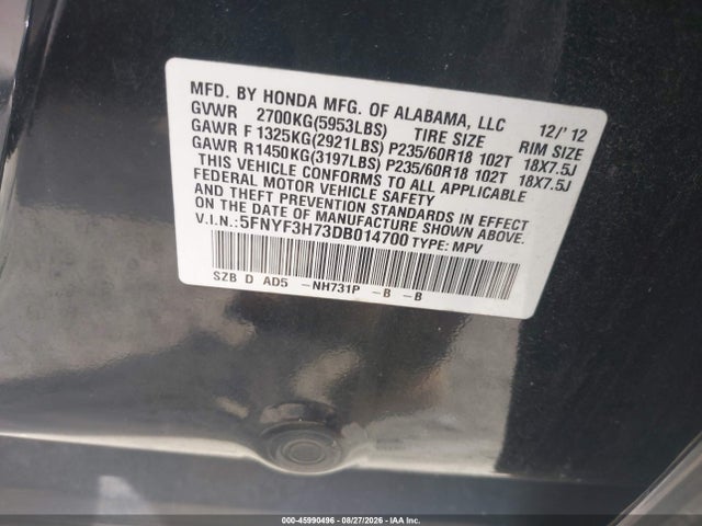 Aukcja sprzedaży 2013 Honda Pilot Ex-l, vin: 5FNYF3H73DB014700, numer aukcji: 45990496