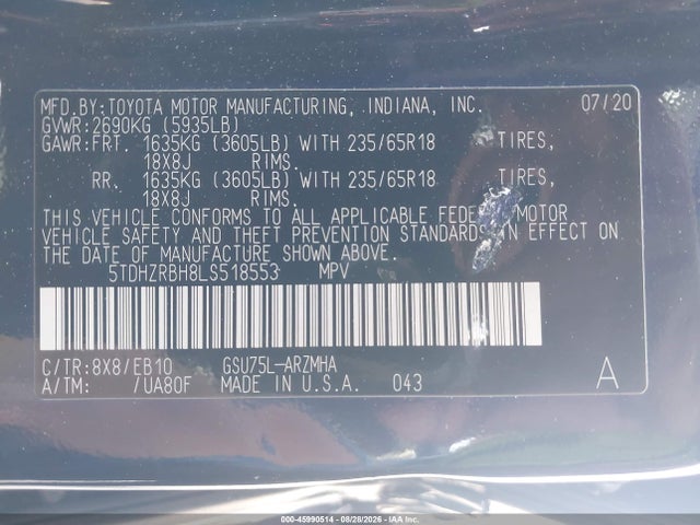 2020 Toyota Highlander Xle მანქანა იყიდება აუქციონზე, vin: 5TDHZRBH8LS518553, აუქციონის ნომერი: 45990514