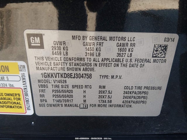 45990554 :رقم المزاد ، 1GKKVTKD8EJ304758 vin ، 2014 Gmc Acadia Denali مزاد بيع