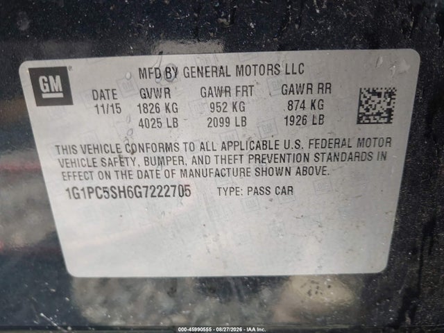 Продажа на аукционе авто 2016 Chevrolet Cruze Limited Ls Auto, vin: 1G1PC5SH6G7222705, номер лота: 45990555