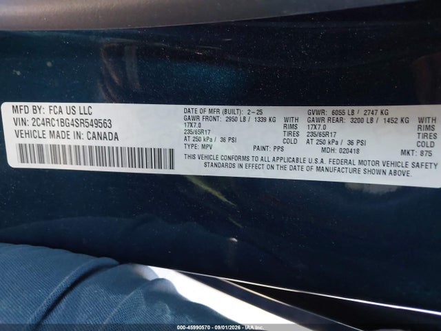 45990570 :رقم المزاد ، 2C4RC1BG4SR549563 vin ، 2025 Chrysler Pacifica Select مزاد بيع