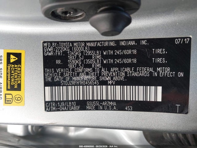 Aukcja sprzedaży 2017 Toyota Highlander Xle, vin: 5TDJZRFH1HS456545, numer aukcji: 45990580