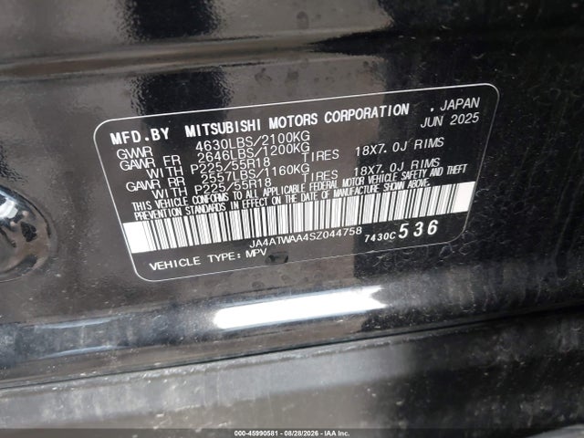 Aukcja sprzedaży 2025 Mitsubishi Eclipse Cross Black Edition S-awc/se S-awc/sel S-awc, vin: JA4ATWAA4SZ044758, numer aukcji: 45990581