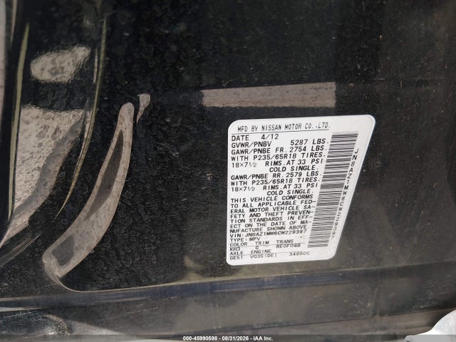 Aukcja sprzedaży 2012 Nissan Murano Sl, vin: JN8AZ1MW6CW229397, numer aukcji: 45990598